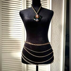 Gold multi chain belt with rhinestone strand of chain